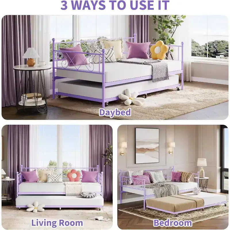 Lit de repos double violet avec lit gigogne, support à lattes en acier de qualité supérieure, canapé-lit peu encombrant pour salon, chambre, chambre d'amis