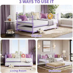 Lit de repos double violet avec lit gigogne, support à lattes en acier de qualité supérieure, canapé-lit peu encombrant pour salon, chambre, chambre d'amis