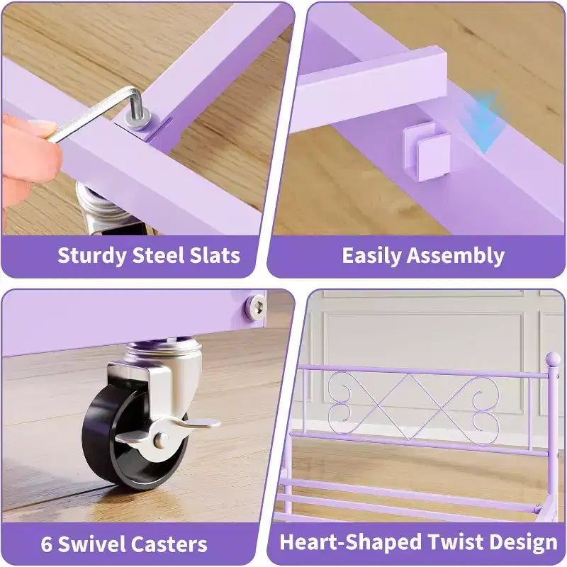 Lit de repos double violet avec lit gigogne, support à lattes en acier de qualité supérieure, canapé-lit peu encombrant pour salon, chambre, chambre d'amis