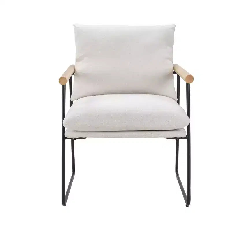Fauteuil d'appoint moderne Okak avec accoudoirs en bois, fauteuil de lecture avec coussin amovible, fauteuil confortable pour salon, chambre, bureau, blanc laiteux
