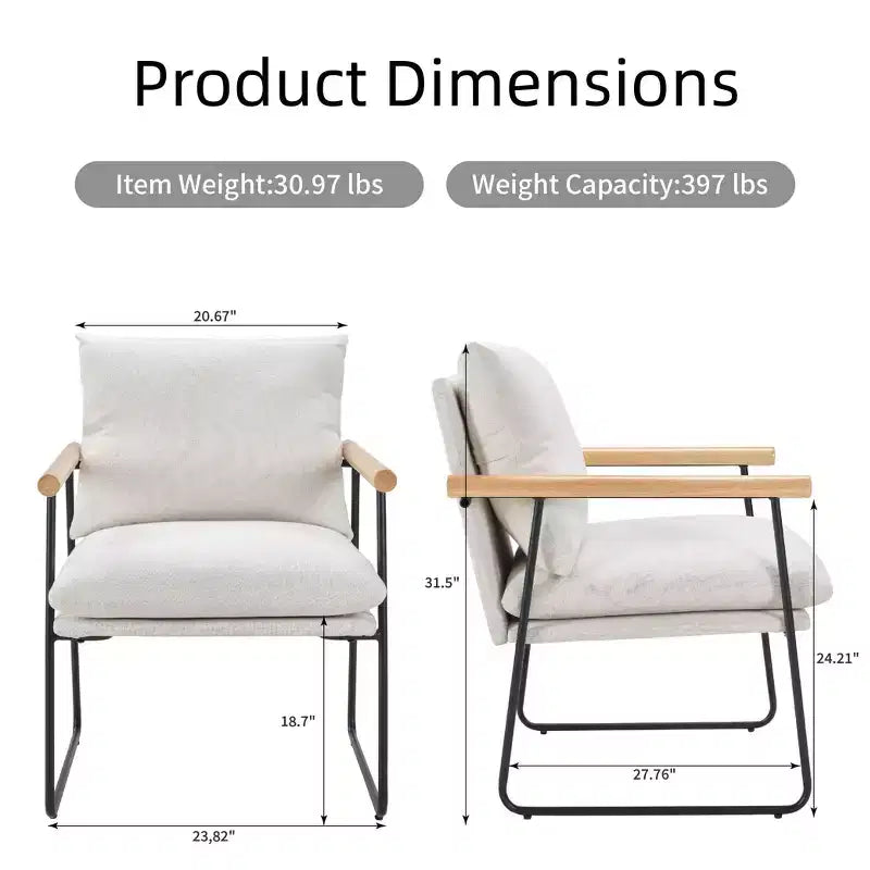 Fauteuil d'appoint moderne Okak avec accoudoirs en bois, fauteuil de lecture avec coussin amovible, fauteuil confortable pour salon, chambre, bureau, blanc laiteux