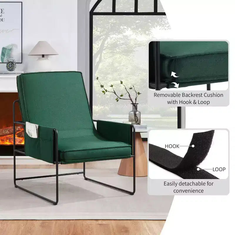 Fauteuil d'appoint moderne Okak avec coussin amovible, fauteuil confortable avec sac de rangement et cadre en métal, fauteuil élégant pour salon, chambre à coucher, vert