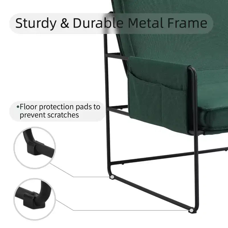 Fauteuil d'appoint moderne Okak avec coussin amovible, fauteuil confortable avec sac de rangement et cadre en métal, fauteuil élégant pour salon, chambre à coucher, vert