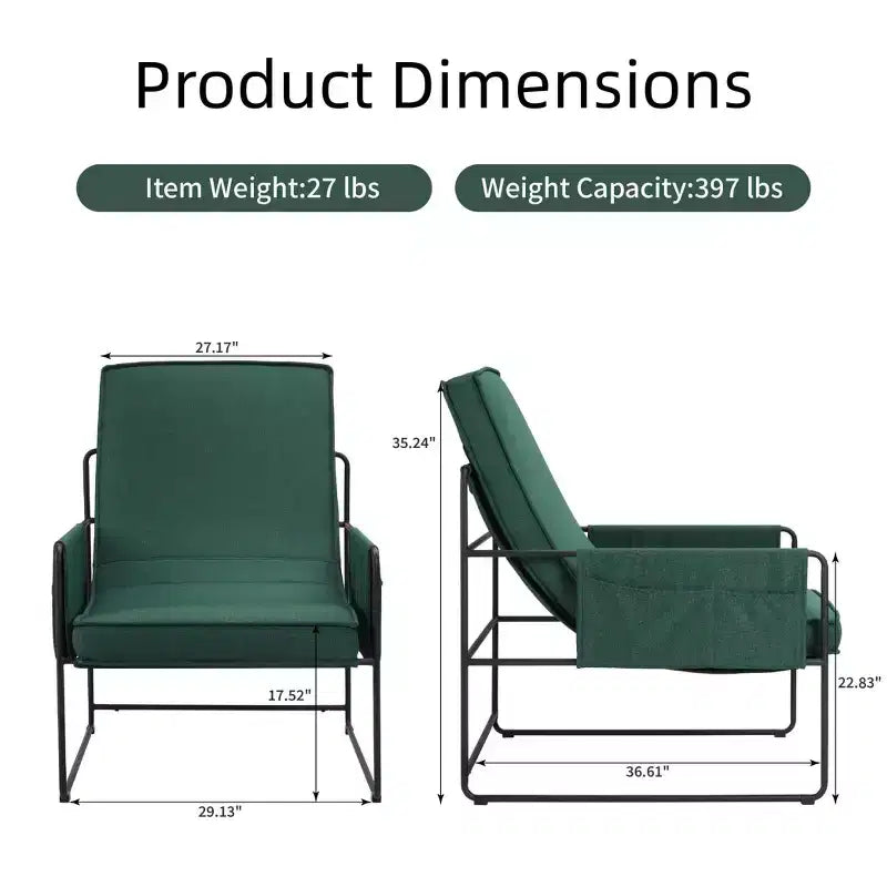 Fauteuil d'appoint moderne Okak avec coussin amovible, fauteuil confortable avec sac de rangement et cadre en métal, fauteuil élégant pour salon, chambre à coucher, vert
