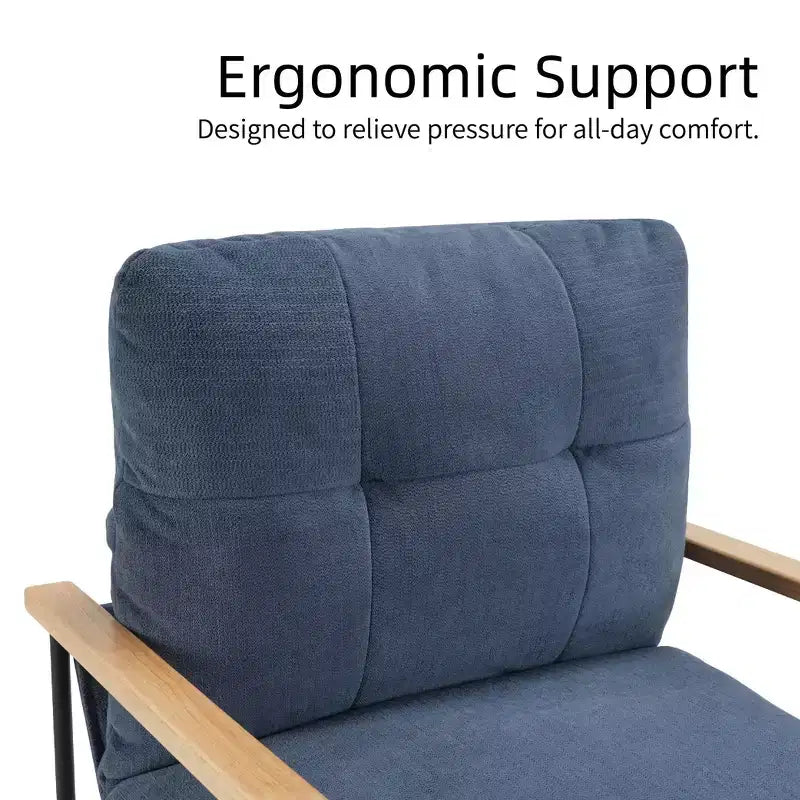 Fauteuil d'appoint moderne Okak avec coussin amovible, fauteuil de salon avec accoudoirs en bois, fauteuil de lecture pour salon, chambre, bleu