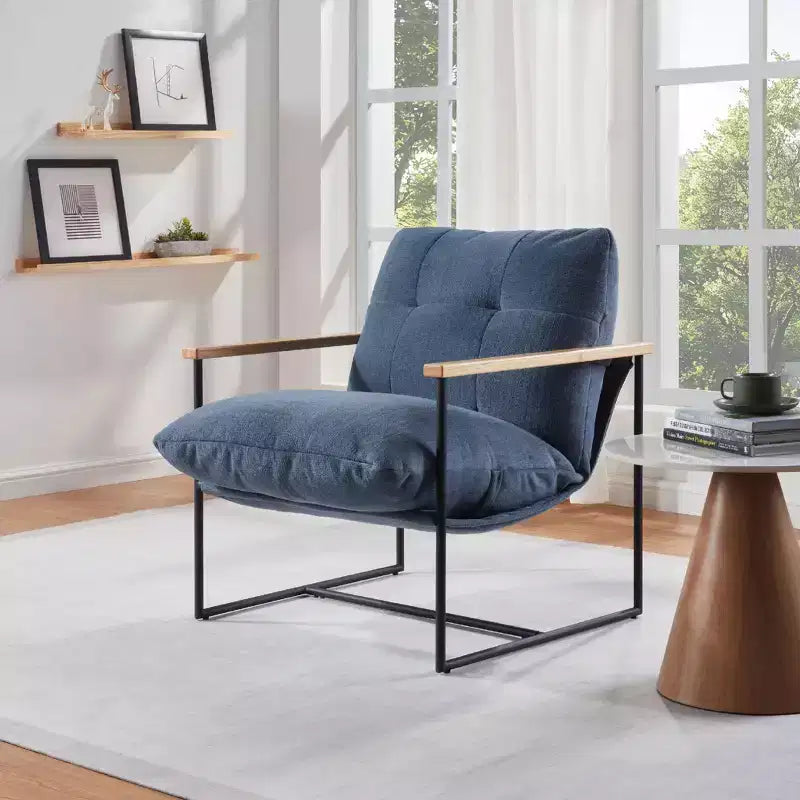 Fauteuil d'appoint moderne Okak avec coussin amovible, fauteuil de salon avec accoudoirs en bois, fauteuil de lecture pour salon, chambre, bleu
