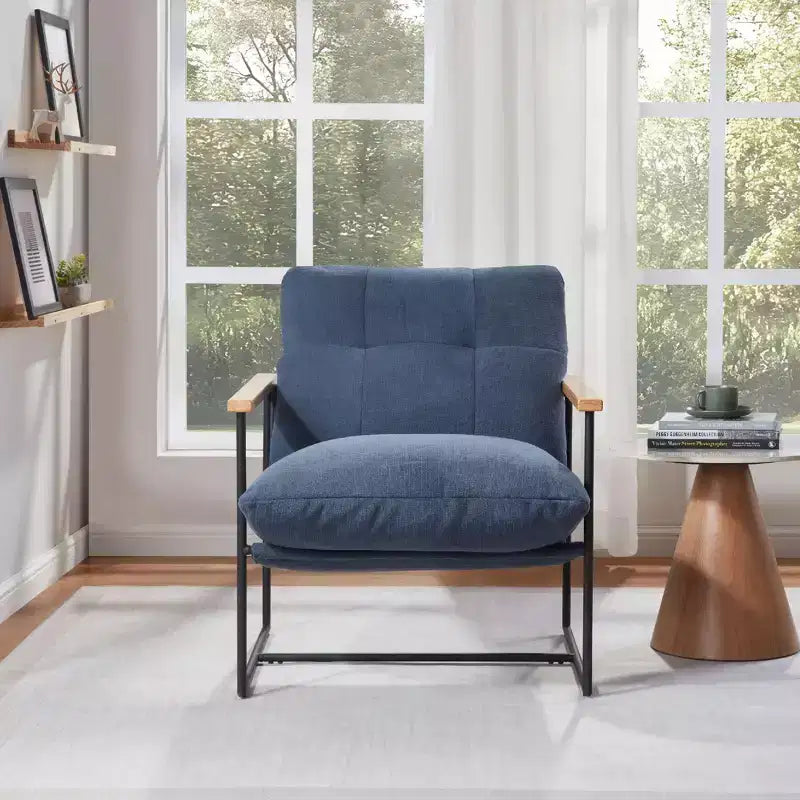 Fauteuil d'appoint moderne Okak avec coussin amovible, fauteuil de salon avec accoudoirs en bois, fauteuil de lecture pour salon, chambre, bleu