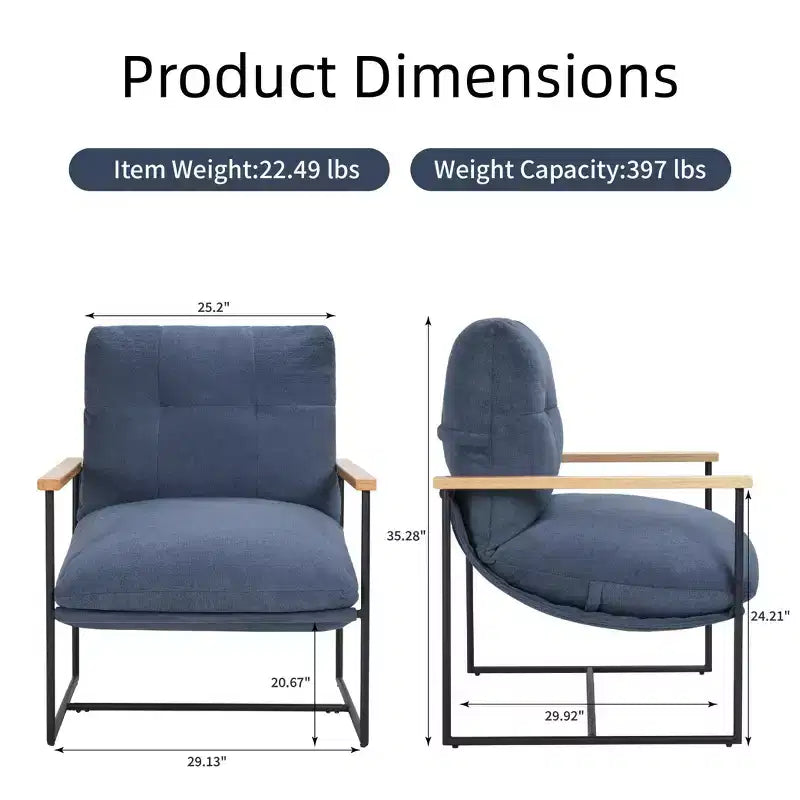 Fauteuil d'appoint moderne Okak avec coussin amovible, fauteuil de salon avec accoudoirs en bois, fauteuil de lecture pour salon, chambre, bleu
