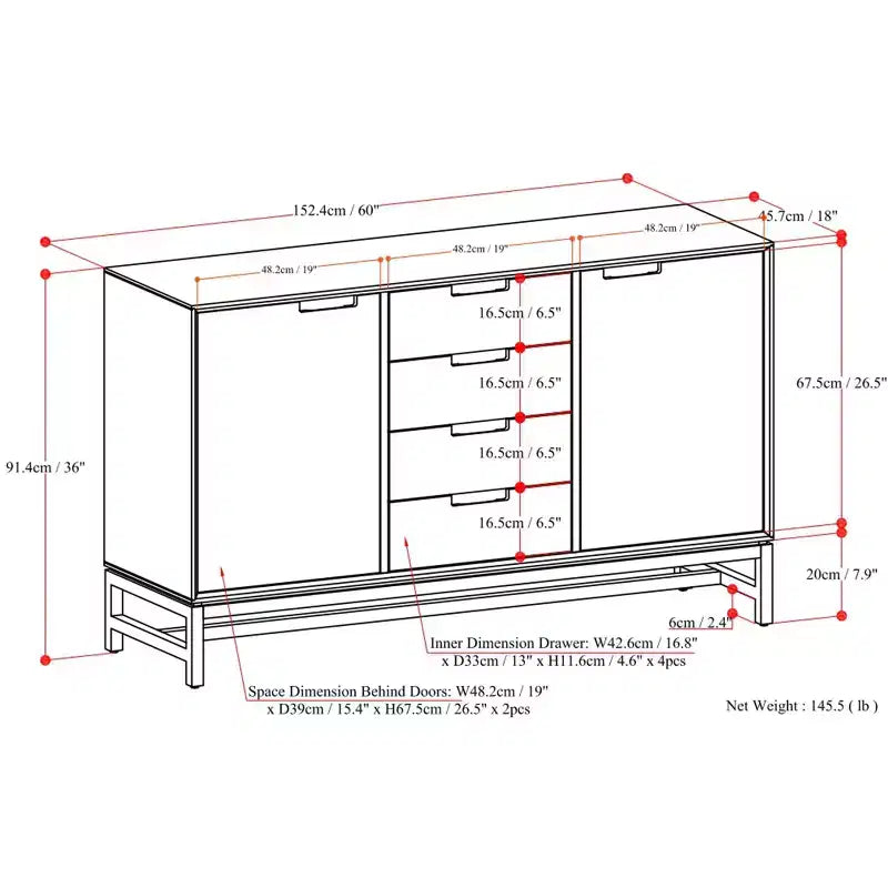 Buffet traditionnel rectangulaire de 152 cm de large en bois massif Hampshire, blanc antique