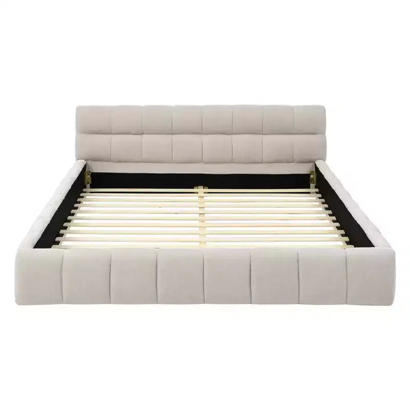 Lit rembourré MAYEERTY Queen Size avec tête de lit Cadre solide Tissu chenille Beige