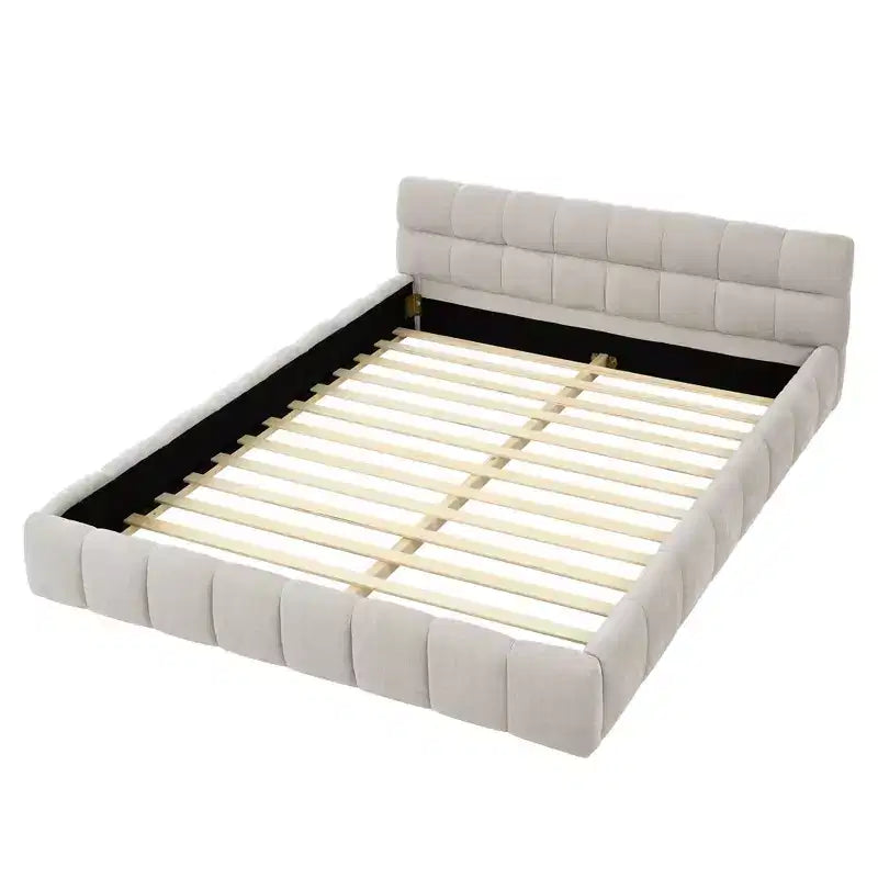 Lit rembourré MAYEERTY Queen Size avec tête de lit Cadre solide Tissu chenille Beige