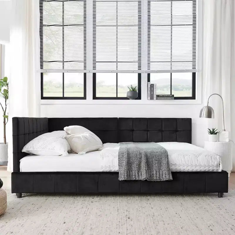 MAYEERTY Full Size Upholstered Tufted Bed Frame with Comfirtable Backrest and Armrests for Bedroom Living Room Black