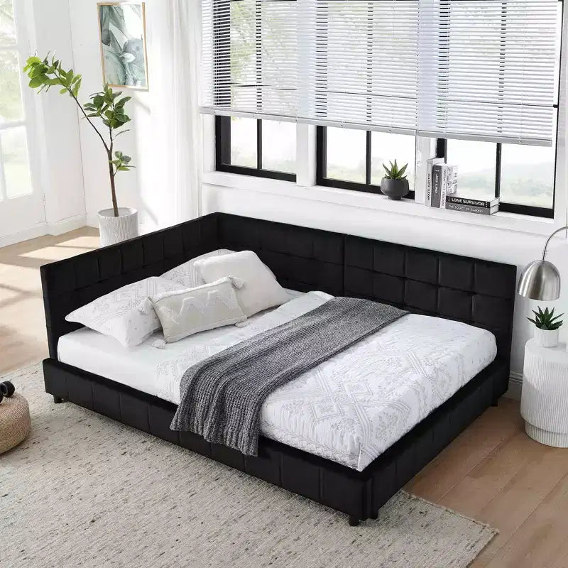 MAYEERTY Cadre de lit double rembourré touffeté avec dossier et accoudoirs confortables pour chambre à coucher, salon, noir