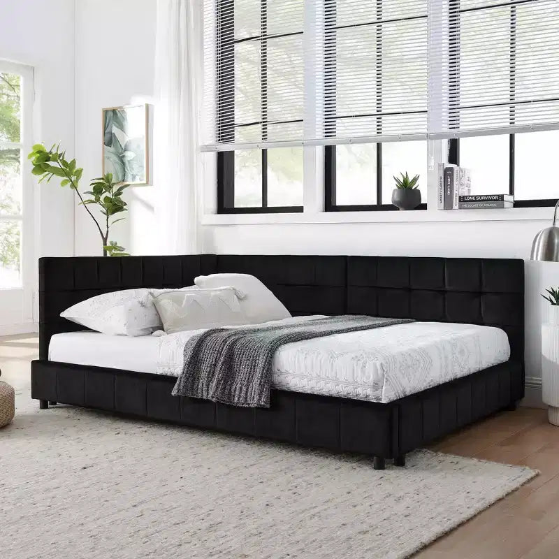 MAYEERTY Cadre de lit double rembourré touffeté avec dossier et accoudoirs confortables pour chambre à coucher, salon, noir