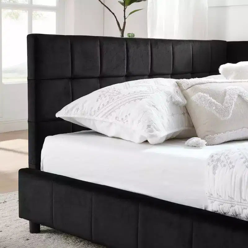 MAYEERTY Cadre de lit double rembourré touffeté avec dossier et accoudoirs confortables pour chambre à coucher, salon, noir