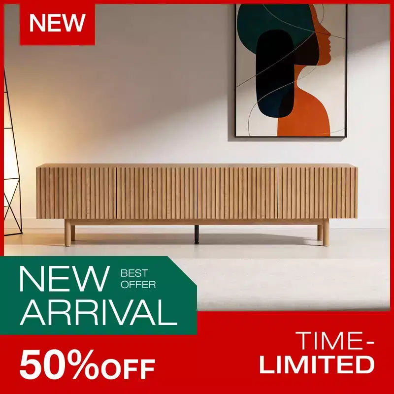 Meuble TV console média cannelé Luck Live style rustique 86,61, avec rangement superposé, étagères amovibles et pieds en bois massif