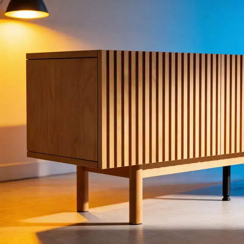 Meuble TV console média cannelé Luck Live style rustique 86,61, avec rangement superposé, étagères amovibles et pieds en bois massif