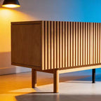Meuble TV console média cannelé Luck Live style rustique 86,61, avec rangement superposé, étagères amovibles et pieds en bois massif