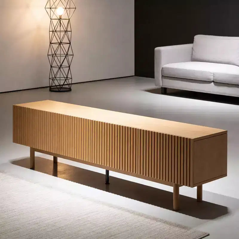 Meuble TV console média cannelé Luck Live style rustique 86,61, avec rangement superposé, étagères amovibles et pieds en bois massif