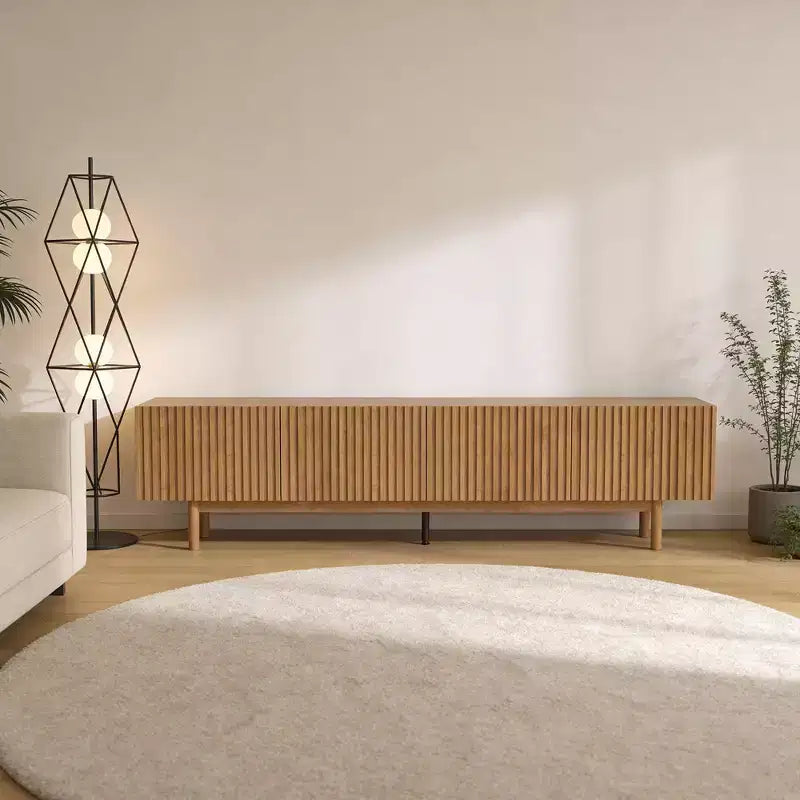 Meuble TV console média cannelé Luck Live style rustique 86,61, avec rangement superposé, étagères amovibles et pieds en bois massif