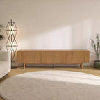 Meuble TV console média cannelé Luck Live style rustique 86,61, avec rangement superposé, étagères amovibles et pieds en bois massif