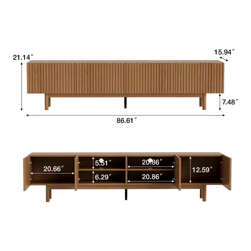 Meuble TV console média cannelé Luck Live style rustique 86,61, avec rangement superposé, étagères amovibles et pieds en bois massif