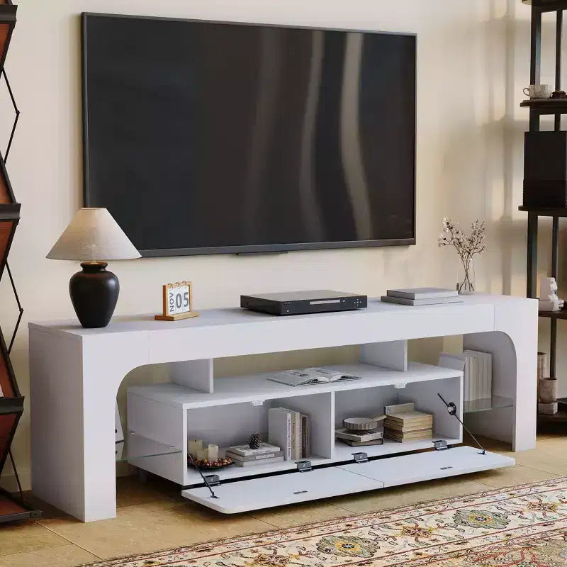 Meuble TV Moderne pour Téléviseurs de 55 à 75 Pouces, Meuble TV avec Tiroir de Rangement et Étagères en Verre, Console Multimédia pour Salon et Chambre