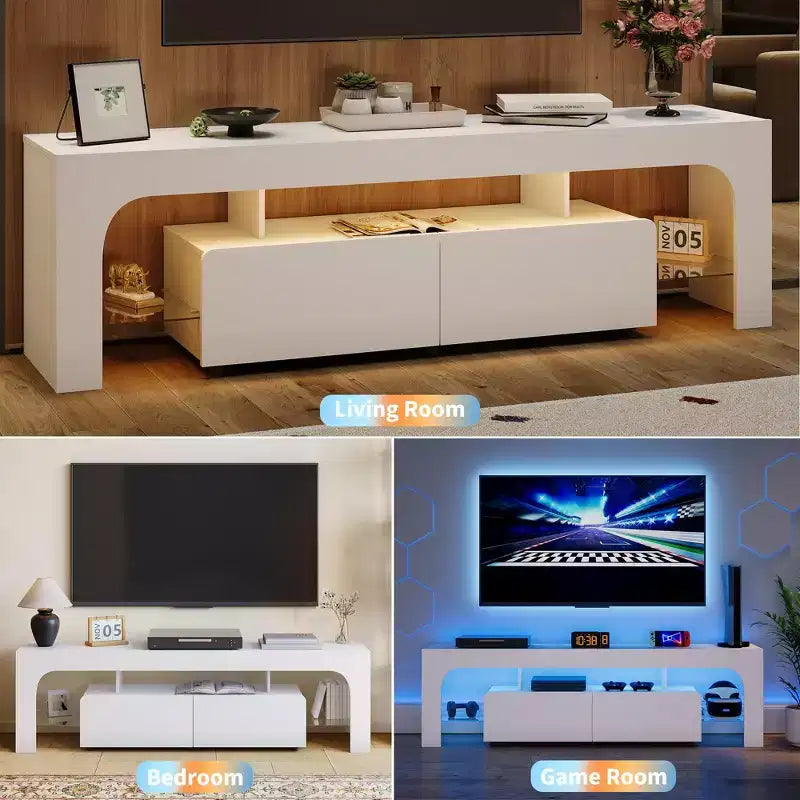 Meuble TV Moderne pour Téléviseurs de 55 à 75 Pouces, Meuble TV avec Tiroir de Rangement et Étagères en Verre, Console Multimédia pour Salon et Chambre