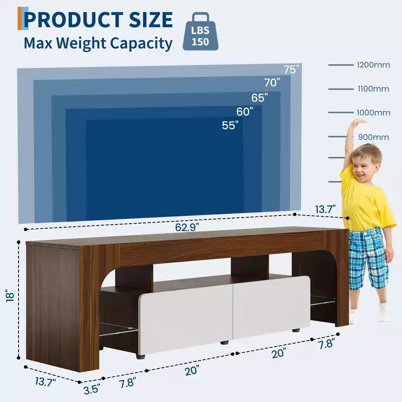 Meuble TV Moderne pour Téléviseurs de 55 à 75 Pouces, Meuble TV avec Tiroir de Rangement et Étagères en Verre, Console Multimédia pour Salon et Chambre