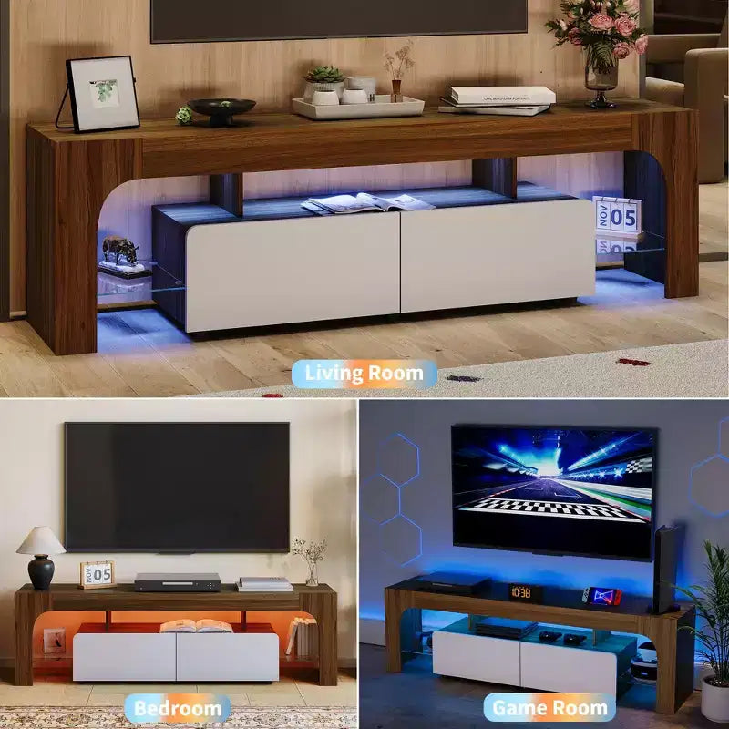 Meuble TV Moderne pour Téléviseurs de 55 à 75 Pouces, Meuble TV avec Tiroir de Rangement et Étagères en Verre, Console Multimédia pour Salon et Chambre