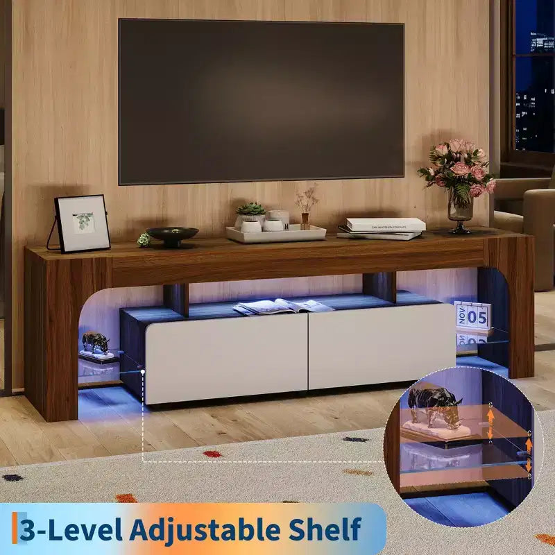 Meuble TV Moderne pour Téléviseurs de 55 à 75 Pouces, Meuble TV avec Tiroir de Rangement et Étagères en Verre, Console Multimédia pour Salon et Chambre