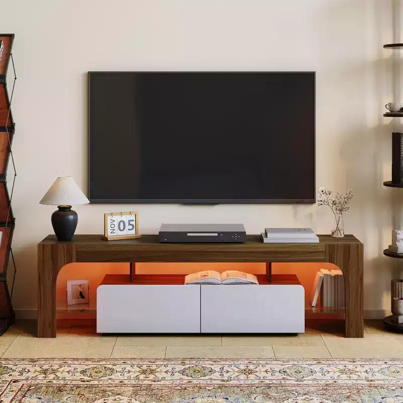 Meuble TV Moderne pour Téléviseurs de 55 à 75 Pouces, Meuble TV avec Tiroir de Rangement et Étagères en Verre, Console Multimédia pour Salon et Chambre