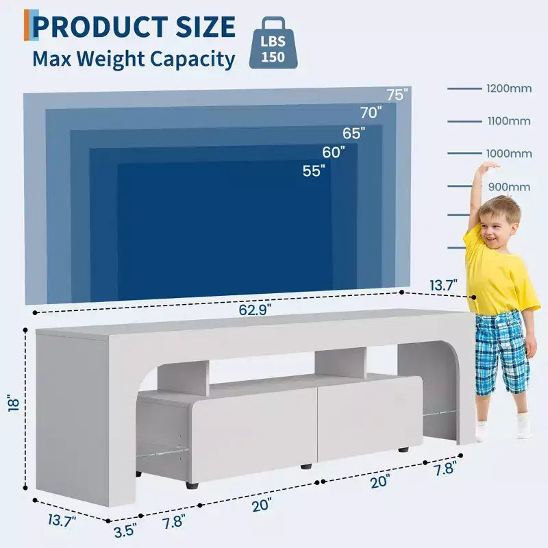 Meuble TV Moderne pour Téléviseurs de 55 à 75 Pouces, Meuble TV avec Tiroir de Rangement et Étagères en Verre, Console Multimédia pour Salon et Chambre