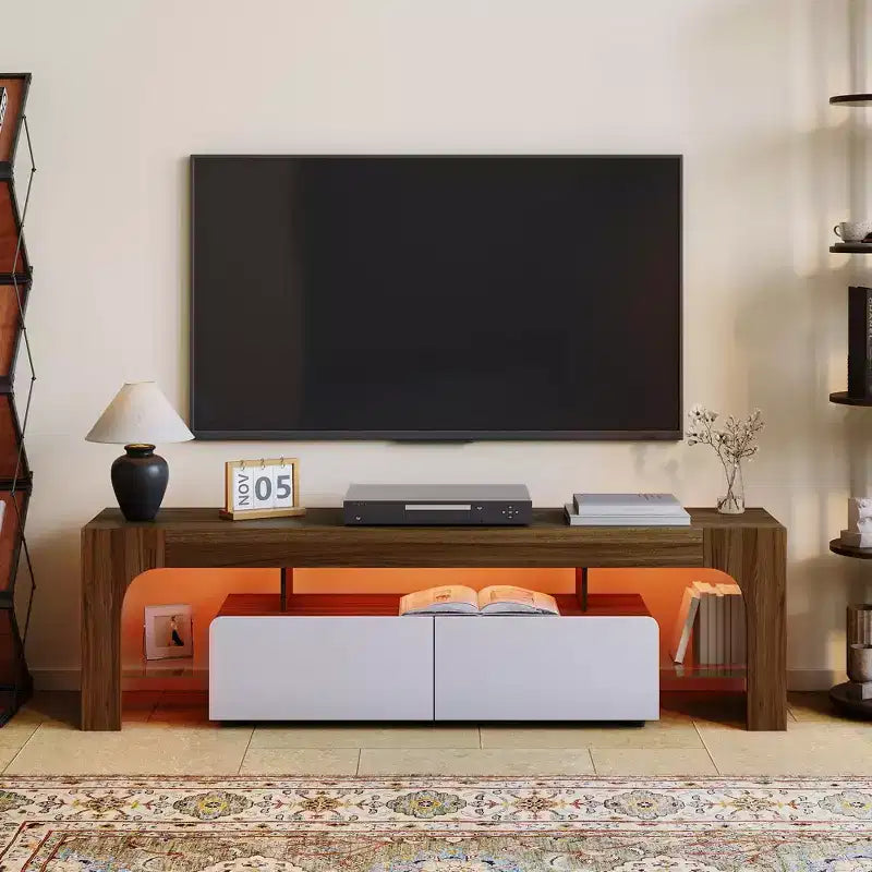 Modern TV Stand for 55-75 Inch TVs,Entertainment Center with Storage Drawer & Glass Shelves, Media Console for Living Room & Bedroom