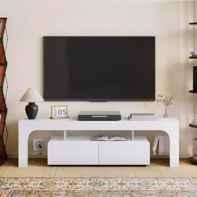 Meuble TV Moderne pour Téléviseurs de 55 à 75 Pouces, Meuble TV avec Tiroir de Rangement et Étagères en Verre, Console Multimédia pour Salon et Chambre