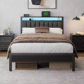 Full Size Platform Bed Frame LED Lights Charging Station Gray Upholstered Headboard Storage Shelves Modern Bedroom Furniture Kids Teens USB