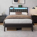 Full Size Platform Bed Frame LED Lights Charging Station Gray Upholstered Headboard Storage Shelves Modern Bedroom Furniture Kids Teens USB