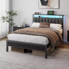 Lit plateforme pleine grandeur Lumières DEL Station de charge Tête de lit rembourrée grise Étagères de rangement Meubles de chambre modernes Enfants Adolescents USB