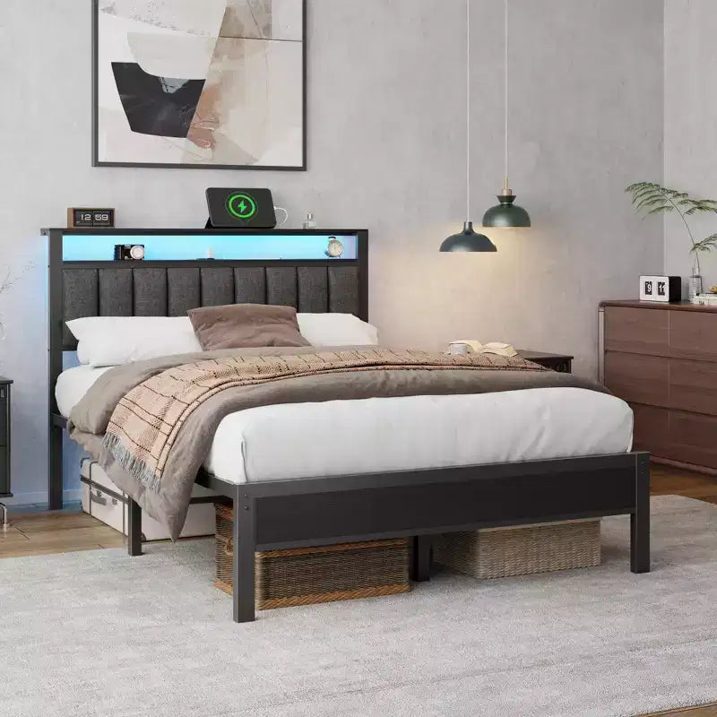 Lit plateforme pleine grandeur Lumières DEL Station de charge Tête de lit rembourrée grise Étagères de rangement Meubles de chambre modernes Enfants Adolescents USB