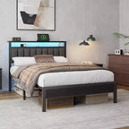 Lit plateforme pleine grandeur Lumières DEL Station de charge Tête de lit rembourrée grise Étagères de rangement Meubles de chambre modernes Enfants Adolescents USB