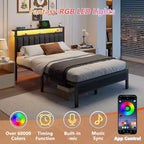 Lit plateforme pleine grandeur Lumières DEL Station de charge Tête de lit rembourrée grise Étagères de rangement Meubles de chambre modernes Enfants Adolescents USB