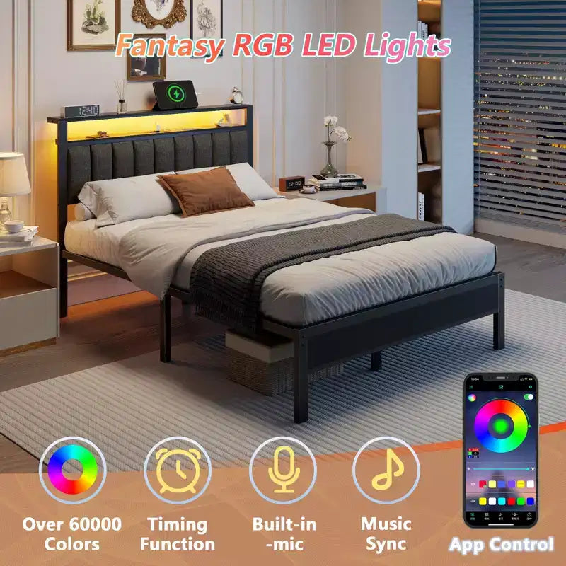 Lit plateforme pleine grandeur Lumières DEL Station de charge Tête de lit rembourrée grise Étagères de rangement Meubles de chambre modernes Enfants Adolescents USB