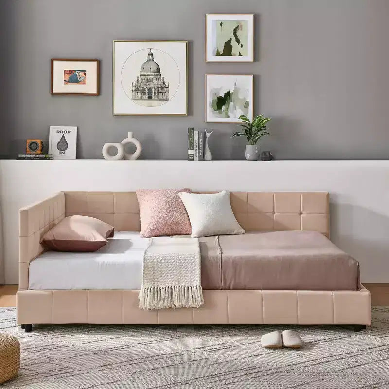 MAYEERTY Full Size Upholstered Tufted Bed Frame with Backrest and Armrest for Bedroom Pink