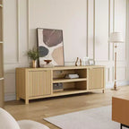 Meuble TV cannelé pour téléviseurs de 75 pouces et plus, meuble de divertissement moderne avec rangement à 2 niveaux, étagères réglables et poignées, console média pour salon et chambre