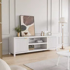 Meuble TV cannelé pour téléviseurs de 75 pouces et plus, meuble de divertissement moderne avec rangement à 2 niveaux, étagères réglables et poignées, console média pour salon et chambre