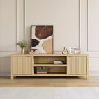 Meuble TV cannelé pour téléviseurs de 75 pouces et plus, meuble de divertissement moderne avec rangement à 2 niveaux, étagères réglables et poignées, console média pour salon et chambre