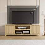 Meuble TV cannelé pour téléviseurs de 75 pouces et plus, meuble de divertissement moderne avec rangement à 2 niveaux, étagères réglables et poignées, console média pour salon et chambre