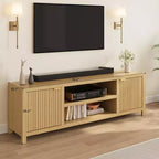Meuble TV cannelé pour téléviseurs de 75 pouces et plus, meuble de divertissement moderne avec rangement à 2 niveaux, étagères réglables et poignées, console média pour salon et chambre