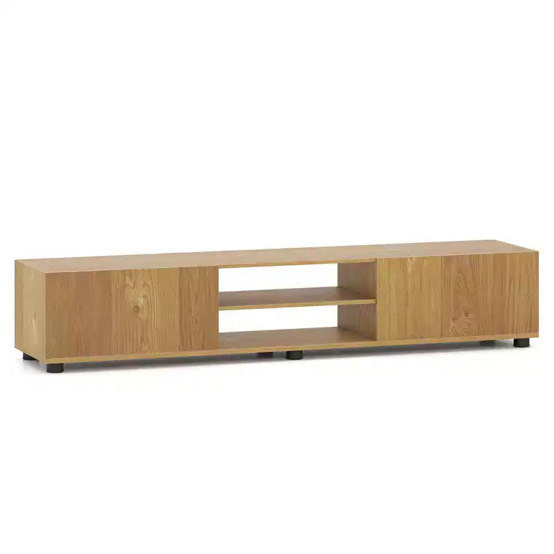 Meuble TV Costway pour téléviseurs jusqu'à 70", console média avec portes doubles et étagères ouvertes Marron rustique/Naturel/Blanc