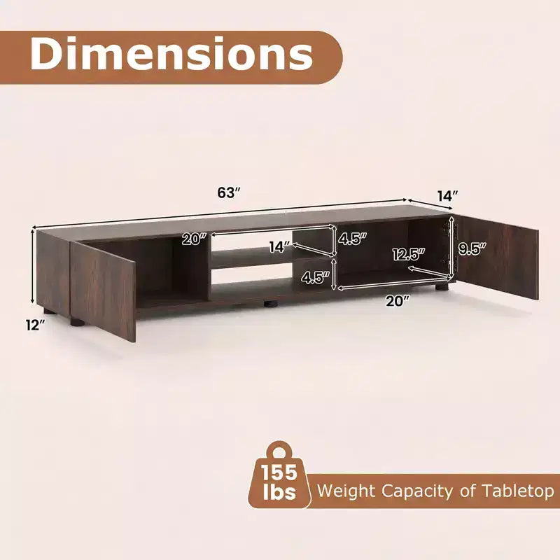Meuble TV Costway pour téléviseurs jusqu'à 70", console média avec portes doubles et étagères ouvertes Marron rustique/Naturel/Blanc